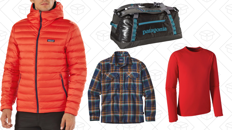 Down Sweater Hooded Jacket, $195 | Fjord Flannel Shirt, $62 | Black Hole 60L Duffel Bag, $90 | Capilene Lightweight Crew Shirt, $37